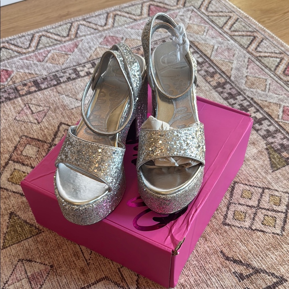 Olivia Miller Silver Glitter Platform Sandals with Ankle Strap
